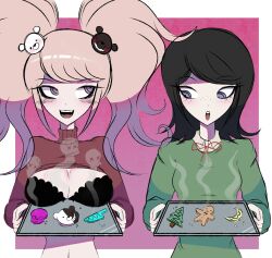 Rule 34 | 2girls, baking, baking sheet, black bra, black hair, blonde hair, blush, border, bow, bra, breasts, christmas, christmas tree, cleavage, clothes lift, cookie, danganronpa: trigger happy havoc, danganronpa (series), enoshima junko, eyebrows, eyelashes, food, freckles, gingerbread man, green sweater, highres, holding, holding tray, ikusaba mukuro, incest, killucky0, large breasts, long hair, looking at another, looking down, looking to the side, looking up, multiple girls, navel, neck ribbon, open mouth, pink background, red bow, red ribbon, red sweater, ribbon, shirt lift, siblings, simple background, sisters, steam, sweater, teeth, tray, turtleneck, turtleneck sweater, twincest, twins, twintails, underwear, upper teeth only, white border, yuri