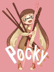 Rule 34 | 1girl, aqua eyes, brown hair, brown overalls, fangs, food, full body, head tilt, holding, holding food, holding pocky, inkling, inkling girl, inkling player character, long hair, long sleeves, nichaku, nintendo, open mouth, overalls, pink background, pocket, pocky, pocky day, red footwear, shirt, shoes, simple background, smile, solo, splatoon (series), splatoon 2, striped clothes, striped shirt, tentacle hair, white shirt