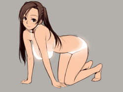 Rule 34 | 1girl, all fours, barefoot, bikini, breasts, brown eyes, brown hair, cleavage, full body, glowing, hanging breasts, ino (magloid), kousaka rino, large breasts, legs, light smile, otome function, sideboob, simple background, solo, strap gap, swimsuit, twintails