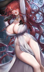 Rule 34 | 1girl, absurdres, arm up, black flower, black gloves, black headwear, black rose, blurry, blurry background, breasts, dress, dutch angle, elesis (elsword), elsword, eyes visible through hair, fangs, feet out of frame, flower, gloves, groin, hair between eyes, hand up, highres, indoors, jewelry, large breasts, long dress, long hair, looking at viewer, necklace, open mouth, pearl necklace, pelvic curtain, red eyes, red hair, rose, rourou (been), saliva, solo, standing, very long hair, white dress