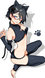Rule 34 | 1boy, absurdres, animal ears, bell, black bow, black panties, black shirt, black thighhighs, blue eyes, blue nails, blush, bow, braid, cat ears, cat tail, full body, glasses, hair bow, hands up, highres, indie virtual youtuber, kushizaki (vtuber), male focus, midriff, mole, mole above eye, nail polish, neck bell, original, outline, panties, paw print, shadow, shirt, sleeveless, sleeveless shirt, smile, solo, st (youx1119), sweatdrop, tail, thighhighs, tongue, tongue out, trap, underwear, virtual youtuber, white outline