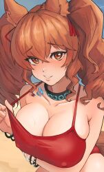 Rule 34 | 1girl, absurdres, angelina (arknights), angelina (summer flower) (arknights), animal ears, arknights, arm under breasts, beach, blush, bracelet, breast hold, breasts, breasts squeezed together, brown eyes, brown hair, cleavage, commentary, covered erect nipples, cowboy shot, crossed bangs, english commentary, fox ears, fox girl, fox tail, furrowed brow, hair ribbon, highres, infection monitor (arknights), jewelry, large breasts, long hair, looking at viewer, material growth, official alternate costume, one-piece swimsuit, oripathy lesion (arknights), parted lips, radioneet, red one-piece swimsuit, red ribbon, ribbon, smile, solo, swimsuit, swimsuit tug, tail, twintails