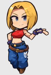 Rule 34 | 1girl, belt, blonde hair, blue eyes, blue mary, bob cut, breasts, chibi, crop top, fatal fury, fingerless gloves, full body, gloves, ibara., midriff, navel, snk, solo, the king of fighters, tsurime