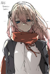Rule 34 | blue eyes, character name, commentary request, crossed bangs, e sky rugo, eyebrows, girls&#039; frontline, grey jacket, half-closed eyes, head tilt, highres, jacket, long hair, looking at viewer, pink hair, red shawl, shawl, shirt, side ponytail, sidelocks, simple background, sketch, smile, st ar-15 (girls&#039; frontline), white background, white shirt