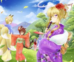 Rule 34 | &gt; &lt;, 6+girls, :3, alternate hairstyle, animal ears, ascot, bat wings, bell, blonde hair, blue dress, blue hair, blue sky, blush, bow, brown eyes, brown hair, cat, cat ears, cat tail, chen, folded fan, cloud, colored eyelashes, day, detached sleeves, dragon, dress, closed eyes, hand fan, fang, female focus, floral print, flower, folding fan, forest, fox ears, fox tail, grass, hair bow, hair flower, hair ornament, hair up, hakurei reimu, happy, highres, izayoi sakuya, japanese clothes, jingle bell, kimono, long hair, long sleeves, looking at viewer, miko, mountain, multiple girls, multiple tails, nature, nekomata, new year, o o, obi, oil-paper umbrella, okitakung, open mouth, outdoors, outstretched arms, paw print, petals, pink dress, ponytail, purple dress, purple eyes, red dress, red flower, red rose, remilia scarlet, rose, sash, shawl, shirt, short hair, skirt, skirt set, sky, smile, stairs, tail, torii, touhou, tree, umbrella, wings, yakumo ran, yakumo yukari