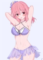 Rule 34 | 1girl, armpits, arms behind back, arms up, bikini, black bow, blue background, blush, bow, bra, breasts, cleavage, eyes visible through hair, hair between eyes, hands up, hat, highres, ibuibuyou, large breasts, looking to the side, mob cap, navel, open mouth, panties, pink hair, purple bikini, purple bra, purple hat, purple panties, saigyouji yuyuko, short hair, simple background, smile, solo, standing, stomach, swimsuit, touhou, underwear
