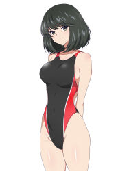 Rule 34 | 1girl, arms behind back, black eyes, black hair, bob cut, breasts, competition swimsuit, cowboy shot, highres, kagemusha, large breasts, looking at viewer, one-piece swimsuit, original, short hair, simple background, solo, standing, swimsuit, white background