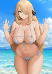 Rule 34 | 1girl, absurdres, bare shoulders, beach, bikini, blonde hair, blue hair, blush, breasts, cleavage, collarbone, creatures (company), cynthia (pokemon), game freak, hair ornament, hair over one eye, hands up, highres, large breasts, long hair, looking at viewer, navel, nintendo, ocean, parted lips, pokemon, pokemon dppt, shore, sidelocks, smile, solo, swimsuit, thigh gap, thighs, white bikini, yellow eyes, zaphn