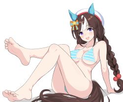 Rule 34 | 1girl, absurdres, alternate costume, animal ears, bakugeki0110, bare shoulders, barefoot, bikini, blue bikini, brown hair, commentary request, dorsiflexion, ear covers, feet, foot focus, foreshortening, hat, highres, hokko tarumae (umamusume), horse ears, horse girl, horse tail, knees up, legs, low twintails, multicolored hair, on ground, open mouth, purple eyes, simple background, smile, soles, solo, streaked hair, striped bikini, striped clothes, swimsuit, tail, toenails, toes, twintails, umamusume, white background, white hair, white hat