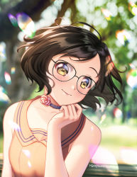 Rule 34 | 1girl, artist name, bad id, bad pixiv id, bare arms, bare shoulders, blurry, blurry background, blush, breasts, brown eyes, brown hair, choker, collarbone, commentary, commission, flower, glasses, kimopoleis, looking at viewer, medium breasts, original, outdoors, short hair, smile, solo