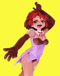 Rule 34 | 1girl, bare legs, blood, breasts, brooch, cleavage, collar, cowboy shot, fangs, gloves, gobori, hand on own head, highres, jewelry, leotard, looking at viewer, medium breasts, open mouth, original, outstretched arm, red eyes, red hair, short hair, simple background, skindentation, sleeveless, smile, solo, tongue, tongue out, vampire, walking, yellow background