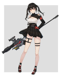 Rule 34 | 1girl, absurdres, aer7o, black footwear, black hair, black skirt, black socks, breasts, cleavage, closed mouth, collarbone, covered collarbone, full body, gloves, grey background, gun, hair between eyes, hand on own hip, highres, holding, holding weapon, long hair, long sleeves, looking at viewer, medium breasts, original, pleated skirt, red eyes, red gloves, rifle, shirt, shoes, skindentation, skirt, sniper rifle, socks, solo, standing, thigh strap, twintails, two-tone background, weapon, white background, white shirt