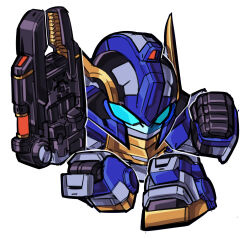 Rule 34 | alternate color, blue eyes, chibi, clenched hand, commentary, commission, gun, gundam, gundam lfrith, gundam suisei no majo, highres, holding, holding gun, holding weapon, mecha, mobile suit, no humans, pillar buster, robot, science fiction, simple background, solo, symbol-only commentary, weapon, white background