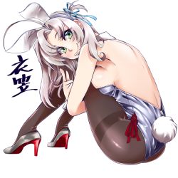 Rule 34 | 1girl, animal ears, ass, black pantyhose, breasts, character name, commentary request, detached collar, fake animal ears, full body, green eyes, grey hair, hair tie, high heels, kantai collection, kinugasa (kancolle), kinugasa kai ni (kancolle), leotard, looking at viewer, medium breasts, one side up, pantyhose, playboy bunny, rabbit ears, rabbit tail, silver leotard, silver shoes, simple background, sitting, solo, strapless, strapless leotard, tail, thighband pantyhose, udukikosuke, white background, wrist cuffs