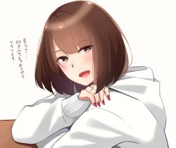 Rule 34 | 1girl, :d, blush, bob cut, brown eyes, brown hair, commentary request, grey background, highres, hood, hood down, hoodie, kapatarou, long sleeves, looking at viewer, nail polish, open mouth, original, red nails, sleeves past wrists, smile, solo, translation request, upper body, white hoodie