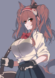 Rule 34 | 1girl, :o, absurdres, alternate costume, angelina (arknights), animal ears, arknights, bag, black gloves, black skirt, black sports bra, bow, bowtie, breasts, brown hair, collar, cowboy shot, fox ears, fox girl, fox tail, gloves, grey background, hairband, headgear, highres, infection monitor (arknights), large breasts, long hair, long sleeves, open mouth, pleated skirt, red bow, red bowtie, red eyes, red hairband, sajimaririri, school uniform, see-through, shirt, shoulder bag, simple background, skirt, solo, sports bra, tail, twintails, white shirt