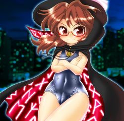 Rule 34 | 1girl, brown eyes, brown hair, cameltoe, cloak, crossed arms, glasses, hat, one-piece swimsuit, school swimsuit, shiny clothes, shiny skin, solo, swimsuit, touhou, usami sumireko, winn