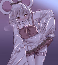 Rule 34 | 1girl, animal ears, asakura aoshi, bad id, bad pixiv id, blush, brooch, clothes lift, condom, condom wrapper, crop top, cropped shirt, fake animal ears, frilled skirt, frills, granblue fantasy, heart, heart brooch, heavy breathing, jewelry, long sleeves, mouse ears, muted color, navel, short hair, skirt, skirt lift, smile, sweatdrop, thigh strap, vikala (granblue fantasy), white hair, wide sleeves