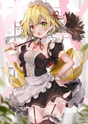 Rule 34 | 1girl, :o, apron, bare arms, black dress, black thighhighs, blonde hair, blush, breasts, charlotte (shironeko project), commentary request, day, detached sleeves, dress, duster, fang, frills, fuku kitsune (fuku fox), garter straps, green eyes, hair ornament, hair ribbon, heterochromia, highres, indoors, looking at viewer, maid, maid apron, maid headdress, medium breasts, puffy short sleeves, puffy sleeves, red eyes, red ribbon, ribbon, shironeko project, short dress, short hair, short sleeves, sleeveless, sleeveless dress, solo, thighhighs, window, wrist cuffs, yellow eyes, zettai ryouiki