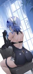Rule 34 | 1girl, absurdres, ass, back, black hairband, blue hair, breasts, commentary request, elbow gloves, eula (genshin impact), from behind, genshin impact, gloves, hair ornament, hairband, highres, kikimi, medium breasts, medium hair, on chair, shoulder blades, sideboob, sitting, sitting backwards, thigh strap, thighs, window, yellow eyes