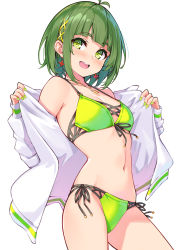 Rule 34 | 1girl, :d, antenna hair, bare shoulders, bikini, breasts, cowboy shot, cu-no, front-tie bikini top, front-tie top, green bikini, green eyes, green hair, hair ornament, halterneck, hisen kaede, jacket, jewelry, looking at viewer, nail polish, navel, necklace, nonono futaba, off shoulder, open clothes, open jacket, open mouth, short hair, side-tie bikini bottom, sidelocks, simple background, small breasts, smile, solo, standing, stomach, string bikini, swimsuit, thighs, white background, white jacket, x hair ornament