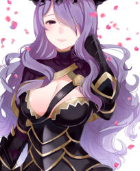 Rule 34 | 1girl, armor, black armor, blush, breasts, camilla (fire emblem), cleavage, fire emblem, fire emblem fates, gloves, hair over one eye, haru (nakajou-28), highres, large breasts, leather strap, lips, long hair, looking at viewer, mature female, nintendo, petals, purple eyes, purple hair, rose petals, smile, solo, tiara, upper body, wavy hair, white background