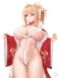 Rule 34 | 1girl, absurdres, azur lane, blonde hair, blue eyes, blush, breasts, chinese clothes, clothing cutout, dress, flower, glorious (azur lane), glorious (pungent plum) (azur lane), hair flower, hair ornament, hair ribbon, hair stick, highres, kanzashi, large breasts, long hair, official alternate costume, open clothes, open dress, red dress, ribbon, simple background, solo, standing, wei xiao, white background, white flower, wide sleeves