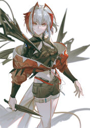 Rule 34 | 1girl, arknights, breasts, brown shorts, commentary, cropped shirt, english commentary, grey hair, highres, holding, holding knife, horns, jacket, knife, long sleeves, looking at viewer, medium breasts, multicolored hair, naoel (naoel art), off shoulder, red hair, red jacket, short hair, shorts, simple background, smile, solo, stomach, streaked hair, thigh strap, w (arknights), white background, wis&#039;adel (arknights), yellow eyes