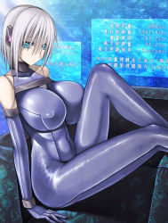 Rule 34 | 1girl, absurdres, aebafuti, aqua eyes, bare shoulders, bodysuit, breast press, breasts, couch, elbow gloves, covered erect nipples, gloves, highres, huge breasts, impossible clothes, kanji, legs, looking at viewer, serious, short hair, silver hair, sitting, solo, thighs