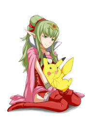 Rule 34 | 1girl, aged up, boots, breasts, cape, cleavage, company connection, creatures (company), crossover, dress, fire emblem, fire emblem awakening, game freak, gen 1 pokemon, green eyes, green hair, hair ornament, hair ribbon, long hair, nintendo, oniyan, ootani ikue, pikachu, pointy ears, pokemon, pokemon (creature), ribbon, side slit, sitting, smile, thigh boots, thighhighs, tiki (adult) (fire emblem), tiki (fire emblem), voice actor connection, wariza