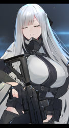 Rule 34 | 1girl, ak-12, ak-12 (girls&#039; frontline), assault rifle, black gloves, black ribbon, breasts, closed eyes, feet out of frame, girls&#039; frontline, gloves, gun, hair ribbon, hayabusa, highres, kalashnikov rifle, large breasts, light smile, long hair, mask, mask around neck, mouth mask, night, night sky, pants, parted lips, revision, ribbon, rifle, silver hair, sky, solo, tactical clothes, very long hair, weapon