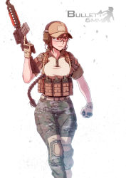 Rule 34 | 1girl, absurdres, airsoft, assault rifle, baseball cap, boots, braid, braided ponytail, camouflage, camouflage pants, clenched hand, english text, glasses, gloves, gun, hat, headphones, highres, knee pads, load bearing vest, m4 carbine, magazine (weapon), military, military uniform, original, pants, ponytail, ranger (mll0101), red eyes, rifle, safety glasses, single braid, sleeves rolled up, solo, trigger discipline, uniform, weapon