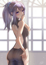 Rule 34 | 1girl, absurdres, adjusting clothes, alice gear aegis, back, backless outfit, bare arms, bare shoulders, black bodysuit, blush, bodysuit, breasts, closed mouth, covering own mouth, cowboy shot, highres, indoors, light particles, long hair, looking at viewer, looking back, medium breasts, nikotama mai, ponytail, puripuri, purple eyes, sidelocks, signature, solo, upper body, window, window shadow