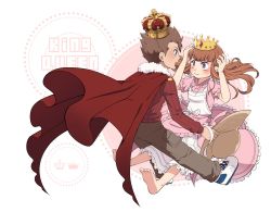 Rule 34 | 1boy, 1girl, akiyama ryo, blush, cape, crown, digimon, hat, highres, looking at another, makino ruki