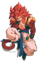 Rule 34 | 1boy, abs, absurdres, artist name, baggy pants, biceps, black footwear, black vest, black wristband, blue eyes, blue sash, body fur, boots, closed mouth, collarbone, dragon ball, dragon ball gt, full body, gogeta, hand up, head rest, head tilt, highres, holding, knee up, long hair, looking at viewer, male focus, metamoran vest, monkey tail, muscular, muscular male, open clothes, open vest, pants, party popper, pectorals, red fur, red hair, relio db318, sash, shadow, simple background, sitting, smile, solo, spiked hair, super saiyan, super saiyan 4, tail, twitter username, v-shaped eyebrows, veins, vest, white background, white pants, wristband