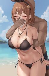 Rule 34 | 1boy, 1girl, absurdres, atelier (series), atelier ryza, atelier ryza 1, beach, bikini, black bikini, black hairband, black male swimwear, blue sky, braid, breasts, brown hair, chloroform, cleavage, closed eyes, cloud, collarbone, commentary request, covering another&#039;s mouth, dangle earrings, dark-skinned male, dark skin, earrings, grabbing, grabbing from behind, hair ornament, hairband, hairpin, hand over another&#039;s mouth, highres, holding cloth, jewelry, kidnapping, large breasts, male swimwear, memmemme, navel, necklace, ocean, outdoors, paid reward available, reisalin stout, restrained, short hair, side-tie bikini bottom, sky, star (symbol), star earrings, star necklace, string bikini, swimsuit