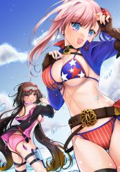 Rule 34 | 2girls, absurdres, american flag bikini, arm garter, artist request, asymmetrical hair, bikini, blue eyes, blue one-piece swimsuit, blush, breasts, brown hair, bun cover, cleavage, commentary, commentary request, fate/grand order, fate (series), fingerless gloves, flag print, gloves, goggles, goggles on head, gradient hair, hair bun, highres, holstered, large breasts, long hair, low twintails, miyamoto musashi (fate), miyamoto musashi (fate/grand order), miyamoto musashi (swimsuit berserker) (fate), miyamoto musashi (swimsuit berserker) (second ascension) (fate), multi-strapped bikini, multicolored hair, multiple girls, navel, ocean, one-piece swimsuit, open mouth, osakabehime (fate), osakabehime (swimsuit archer) (fate), osakabehime (swimsuit archer) (first ascension) (fate), outdoors, pink bikini, pink hair, pink scarf, print swimsuit, scarf, sideboob, single hair bun, single hair intake, single sidelock, ski goggles, swimsuit, twintails, two-tone swimsuit, underboob, very long hair