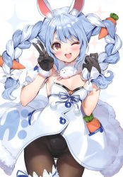 Rule 34 | 1girl, ;d, absurdres, animal ear fluff, animal ears, banned artist, black gloves, black pantyhose, blue hair, blush, bow, braid, breasts, bridal garter, carrot, cleavage, don-chan (usada pekora), gloves, hair bow, highres, hololive, long hair, one eye closed, open mouth, pantyhose, parsley-f, rabbit ears, red eyes, scan, small breasts, smile, solo, thick eyebrows, twin braids, usada pekora, v, virtual youtuber, white bow