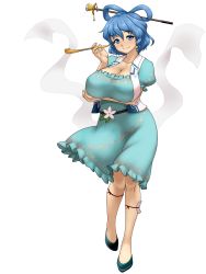 Rule 34 | 1girl, arm under breasts, belt, blue dress, blue eyes, blue footwear, blue hair, breasts, cleavage, closed mouth, commentary request, d.koutya, dress, dress flower, flower, full body, hagoromo, hair between eyes, hair ornament, hair rings, hair stick, hand up, highres, holding, holding smoking pipe, kaku seiga, kiseru, large breasts, leg ribbon, looking at viewer, no socks, ofuda, open clothes, open vest, puffy short sleeves, puffy sleeves, ribbon, shawl, short hair, short sleeves, smile, smoking pipe, solo, standing, touhou, transparent background, vest, white flower, white vest