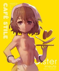 Rule 34 | 1girl, absurdres, apron, blend s, breasts, brown eyes, brown hair, doughnut, food, gloves, hand on own hip, highres, holding, hoshikawa mafuyu, medium hair, nipples, plate, simple background, small breasts, smile, solo, spoon, topless, upper body, yellow background, zanyak