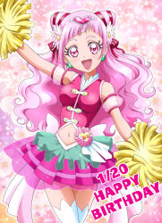 Rule 34 | 1girl, :d, blush, breasts, cone hair bun, covered erect nipples, cowboy shot, crop top, cure yell, earrings, floating hair, flower, hair bun, hair flower, hair ornament, hair ribbon, hanzou, happy birthday, heart, heart hair ornament, highres, hugtto! precure, jewelry, layered skirt, lipstick, long hair, looking at viewer, makeup, medium breasts, midriff, miniskirt, navel, open mouth, pink eyes, pink flower, pink hair, pink skirt, pleated skirt, pom pom (cheerleading), precure, red lips, red ribbon, ribbon, see-through, skirt, smile, solo, standing, stomach, thighhighs, very long hair, white thighhighs