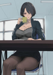 1girl black_hair black_jacket black_shirt black_skirt breasts brown_eyes brown_pantyhose cleavage collarbone cup feet_out_of_frame holding holding_cup indoors jacket kesoshirou large_breasts long_sleeves looking_at_viewer mole mole_under_eye open_clothes open_jacket open_mouth original pantyhose pencil_skirt shirt short_hair sitting skirt solo table thighs