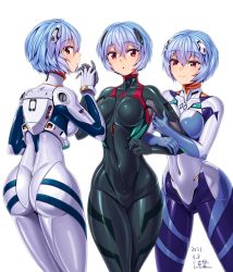 Rule 34 | 3girls, :o, ass, ayanami rei, blue hair, bodysuit, breast press, covered navel, dated, evangelion: 3.0+1.0 thrice upon a time, evangelion: 3.0 you can (not) redo, hair between eyes, highres, holding another&#039;s arm, looking back, looking to the side, michi kuso, multiple girls, multiple persona, neon genesis evangelion, plugsuit, rebuild of evangelion, red eyes, short hair, simple background, skin tight, smile, white background