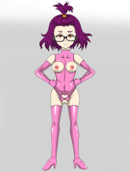 Rule 34 | 1girl, ass, bodysuit, bones (company), boots, breasts, cameltoe, cleft of venus, curvy, elbow gloves, female focus, glasses, gloves, godzilla (series), godzilla singular point, grey background, hair tie, hair tied up, hands on own hip, high heels, highres, kamino mei, latex, latex bodysuit, latex boots, latex gloves, latex legwear, looking at viewer, nipples, orange (company), orange eyes, poorly drawn, puffy areolae, puffy nipples, purple hair, pussy, short hair, small breasts, smile, solo, thick thighs, thighhighs, thighs, thong, toho