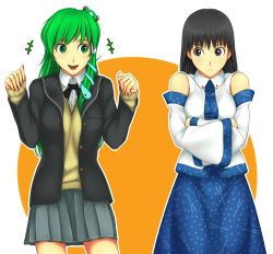 Rule 34 | 2girls, amagami, ayatsuji tsukasa, bare shoulders, black eyes, black hair, cosplay, costume switch, crossed arms, crossover, detached sleeves, frog hair ornament, green eyes, green hair, hair ornament, hikikorosuzoware, japanese clothes, kochiya sanae, long hair, multiple girls, open mouth, pleated skirt, school uniform, skirt, sweater vest, touhou