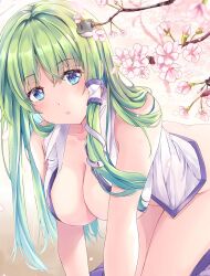 Rule 34 | 1girl, ass, blue eyes, bottomless, branch, breasts, cherry blossoms, cleavage, commentary request, convenient censoring, flower, frog hair ornament, fule, green hair, hair ornament, hair tubes, highres, kochiya sanae, large breasts, long hair, looking at viewer, no bra, open clothes, open shirt, outdoors, parted lips, pink flower, shirt, snake hair ornament, solo, touhou, white shirt