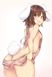 Rule 34 | 1girl, animal ears, ass, backless dress, backless outfit, bare back, bare shoulders, breasts, brown hair, butt crack, cowboy shot, dress, from behind, gradient background, grin, halterneck, highres, inaba tewi, karatakewari, looking at viewer, looking back, meme attire, naked sweater, naughty face, rabbit ears, rabbit girl, rabbit tail, red eyes, sideboob, small breasts, smile, smirk, solo, sweater, sweater dress, tail, teeth, touhou, turtleneck, turtleneck sweater, virgin killer sweater, white background