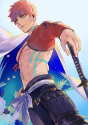 Rule 34 | 1boy, armor, bare pectorals, cape, commentary request, emiya shirou, fate/grand order, fate (series), floral print, japanese clothes, katana, limited/zero over, male focus, otama (atama ohanabatake), pectorals, pouch, red hair, short hair, solo, sword, topless male, weapon