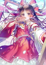 Rule 34 | 1girl, armpits, ascot, bare shoulders, blush, bow, brown hair, chest sarashi, detached sleeves, frilled skirt, frills, hair bow, hair tubes, hakurei reimu, here (hr rz ggg), highres, japanese clothes, long hair, looking at viewer, nontraditional miko, ofuda, open mouth, red bow, red eyes, red skirt, ribbon-trimmed sleeves, ribbon trim, sarashi, sidelocks, skirt, solo, torii, touhou, white sleeves, wide sleeves, yellow ascot