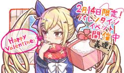 1girl averting_eyes blonde_hair blue_serafuku blush border bow bowtie box candy chair cinderella_series classroom covered_mouth desk drill_hair food gift gift_box hachigatsu_no_cinderella_nine hair_bow hair_ornament hairclip hanako_(akatsuki) highres holding holding_candy holding_food holding_lollipop incoming_gift indoors kousaka_tsubaki lollipop long_hair long_sleeves looking_to_the_side official_art outside_border portrait red_eyes red_scarf scarf school_chair school_desk school_uniform serafuku solo speech_bubble standing star_(symbol) star_print twin_drills two-tone_bow v-shaped_eyebrows valentine white_border white_bow white_bowtie window